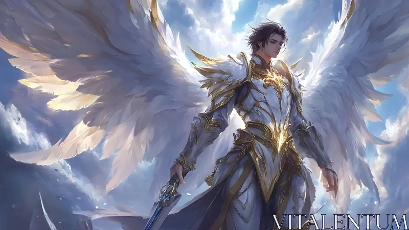 Radiant winged guardian stands calm in glowing storm clouds