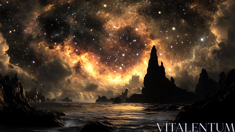 Cosmic storm ignites an alien shoreline beneath swirling stars.