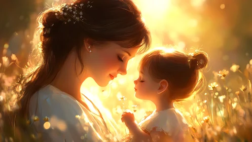 Mother and Child in Golden Sunlit Field.