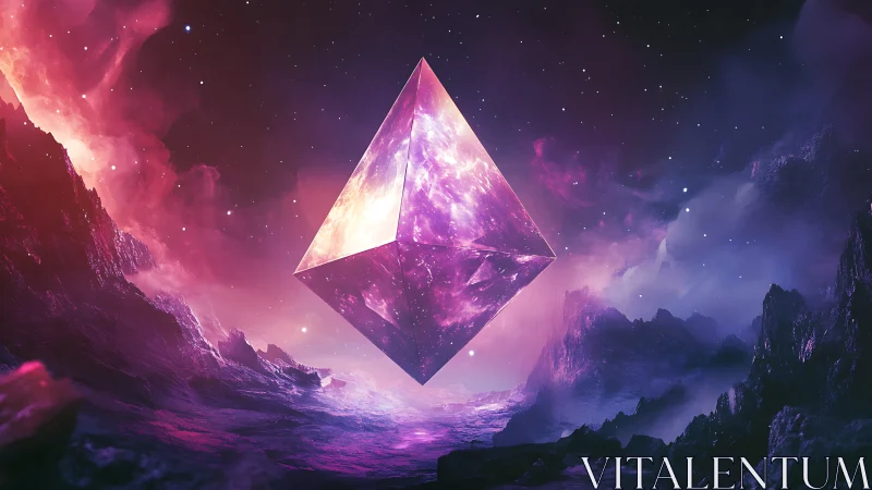 Cosmic tetrahedral monolith in luminous nebular seascape.