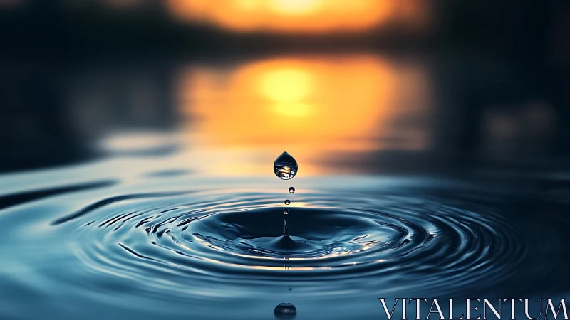 Single water droplet captured over rippling surface at dusk.
