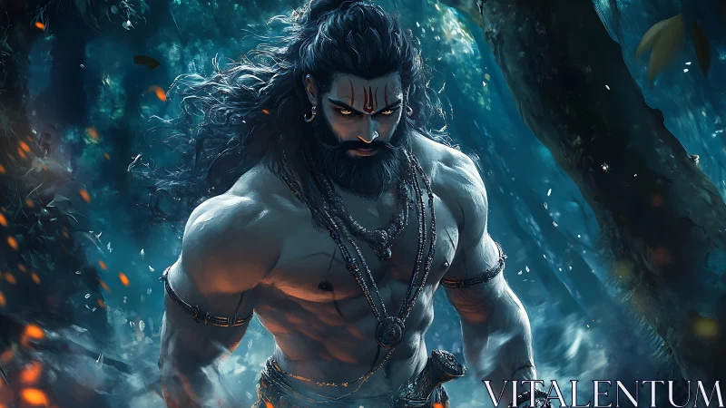 Mythic warrior strides through misted forest in dynamic lighting