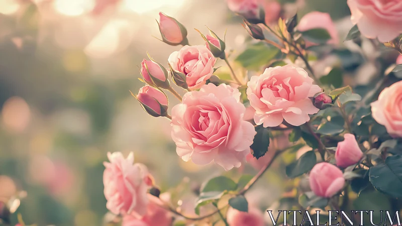 Pink garden roses in soft light. Blooming flowers with buds.