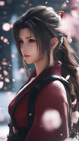 Samurai heroine stands amid drifting cherry blossoms.