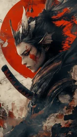 Horned samurai warrior framed against a burning red sun.