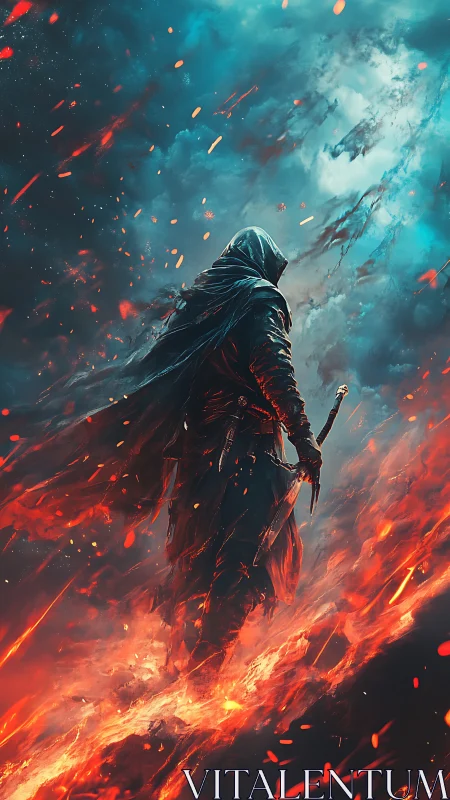 Cloaked warrior ascending through swirling firestorm skies.