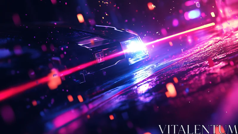 Low-angle neon-lit car on wet street in stylized night scene