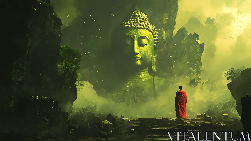 Monk in red robe confronts colossal Buddha in misty gorge