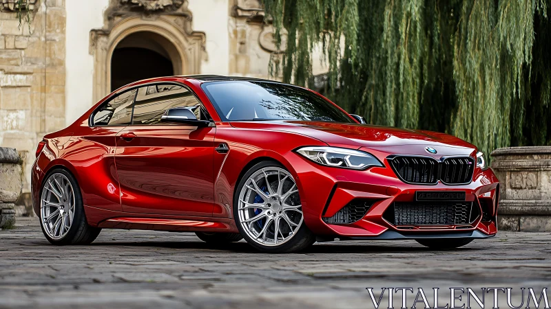 Crimson coupe prowls cobbled courtyard with polished precision