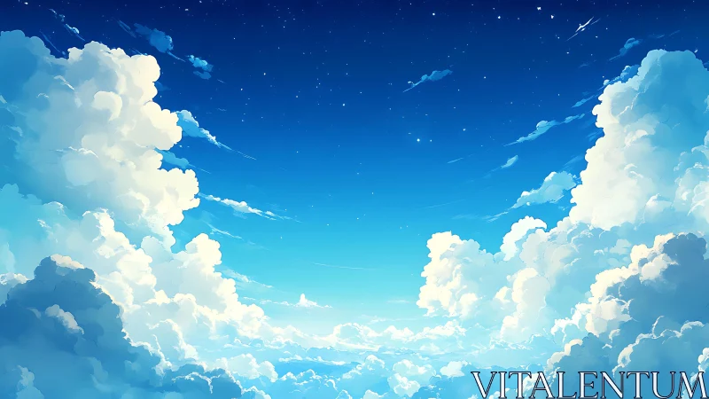 Towering luminous clouds frame a tranquil starlit sky.