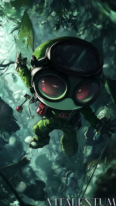 Tiny forest explorer with oversized visor helmet ascends