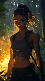 Jungle survivor stands in blazing backlight, eyes unwavering.