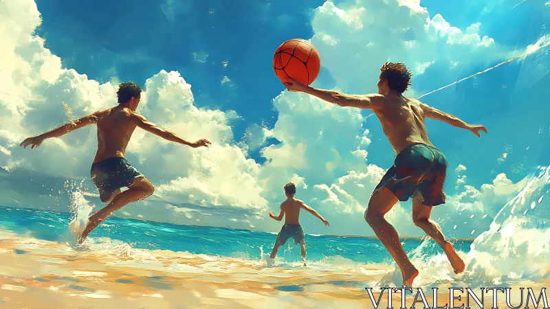 Dynamic beach basketball scene under vibrant summer sky.
