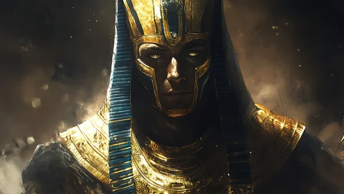 Luminous pharaonic warlord rendered in high-spec digital chiaroscuro.