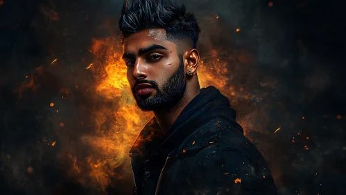 Moody portrait of a modern hero framed in swirling fire.