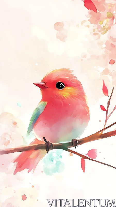 Charming Red Bird Resting on a Delicate Branch.