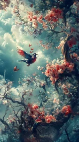 Avian ascent through twisting sakura canopy under luminous clouds