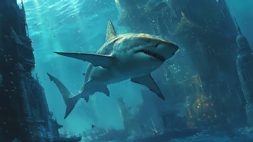 Curious shark exploring a dreamy, forgotten ocean city.