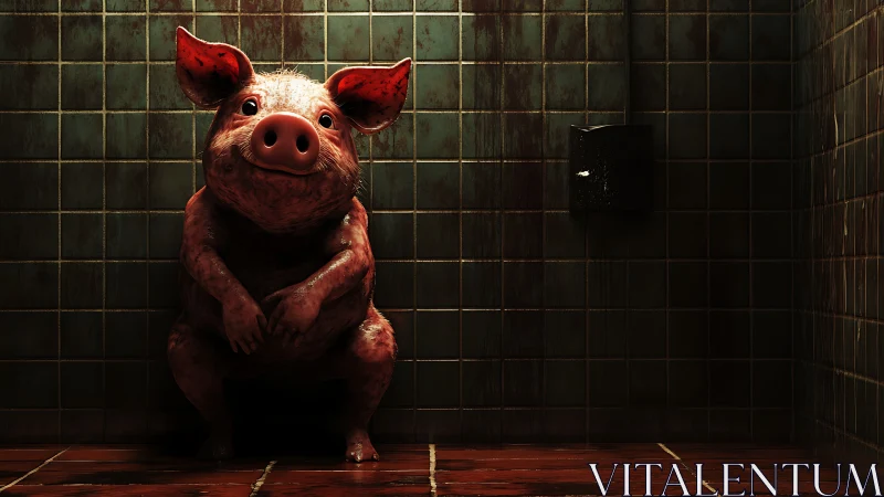 Cheerful little pig waits patiently in a moody tiled room.