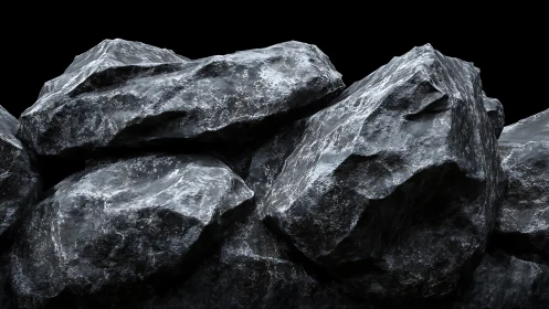 Procedurally rendered basalt rock cluster with wet specular highlights