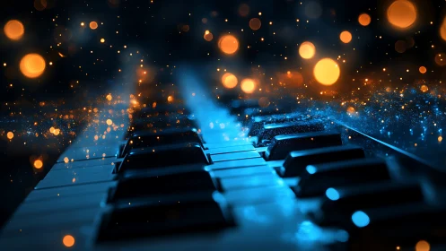 Glowing piano keys under blue light and floating sparks.
