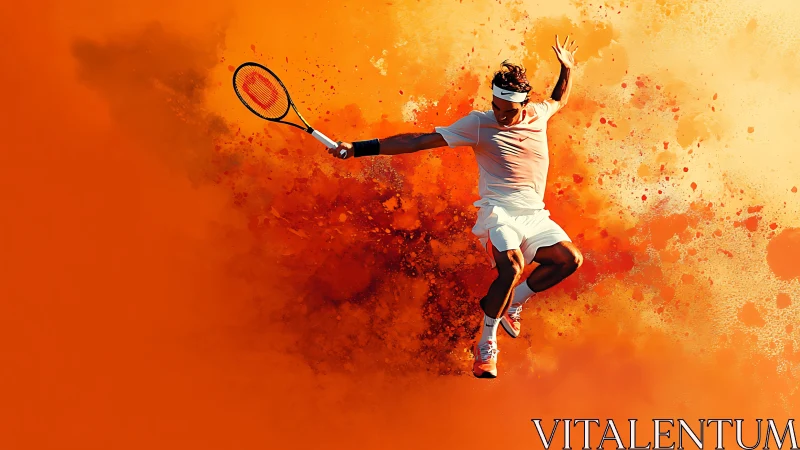 Dynamic tennis player explodes from a vivid orange backdrop