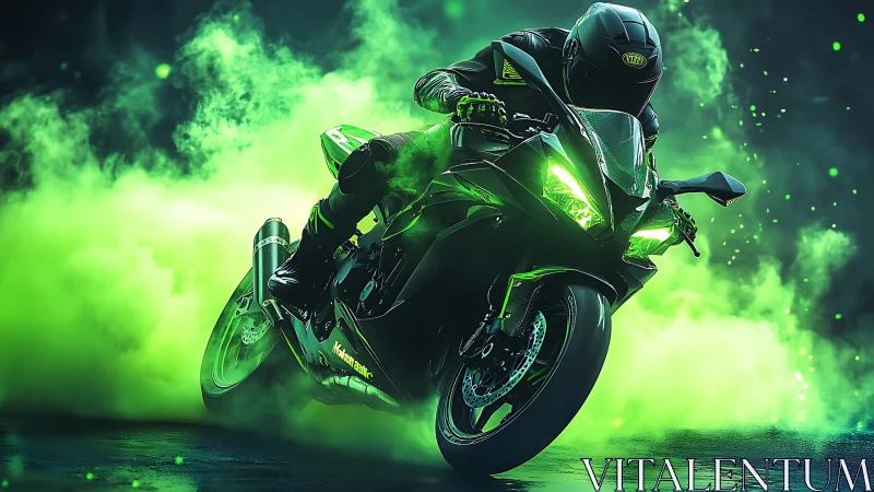 Neon green superbike slices through glowing urban smoke.