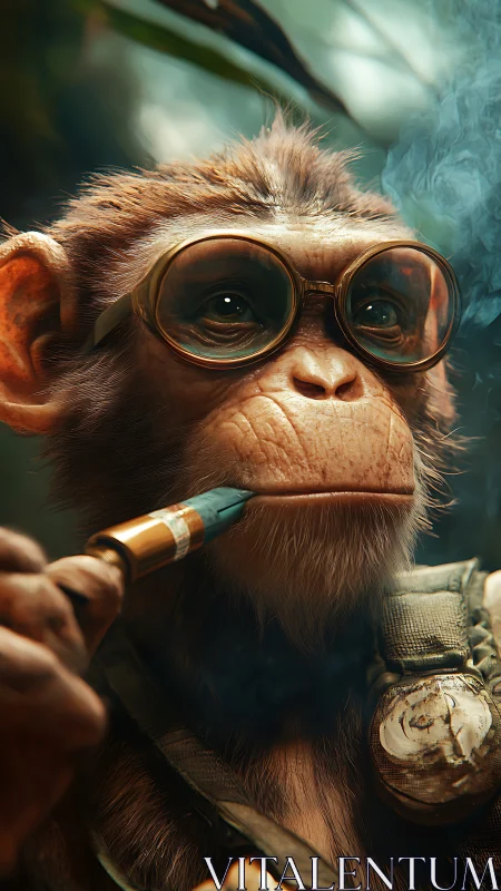 Goggles-wearing monkey holding smoking pipe in jungle scene.