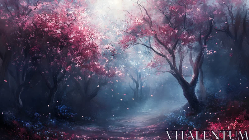 Twilight blossom path winding through a dreamlike forest.