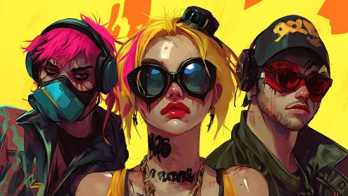 Neon cyber street trio under bold yellow graffiti backdrop.