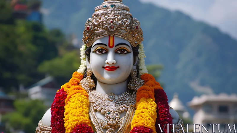 Hindu deity sculpture with floral garlands in mountain shrine.