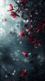 Red flowers in storm: Rain and petals drift through dark skies.