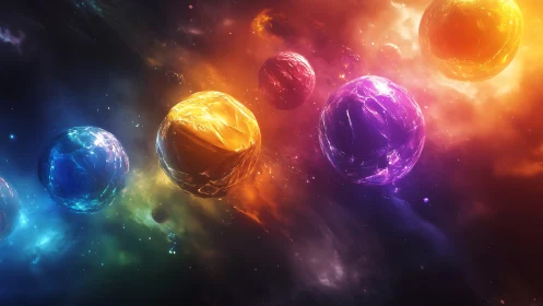 Digital painting of chromatic nebula orbs in deep space field.