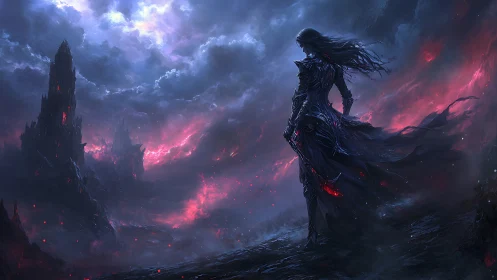 Dark armored figure over burning stormscape at dusk.