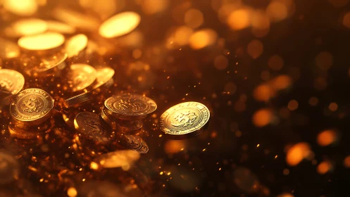 Golden cryptocurrency coins in dynamic bokeh illumination.