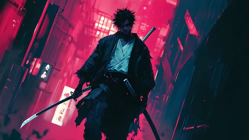 Samurai figure in neon-lit urban alleyway at night.