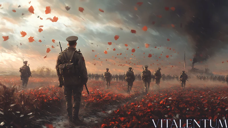 Digital war tableau with marching soldiers in poppy field panorama.