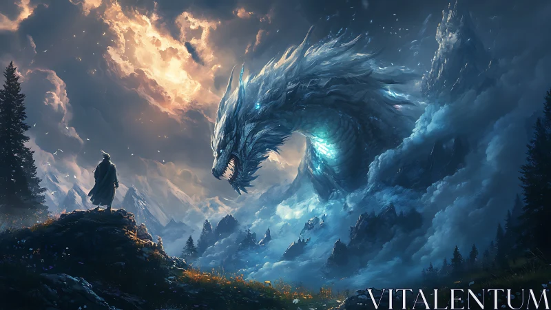 Stormborn ice dragon confronts lone wanderer at dusk.