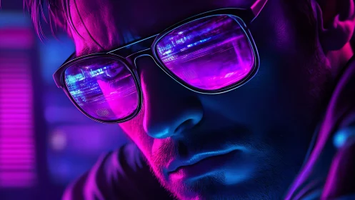 Cyberpunk close-up with neon reflections on glossy eyewear surfaces