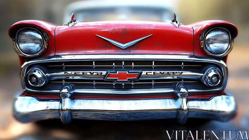 Crimson classic Chevy grille gleams with chrome nostalgia.