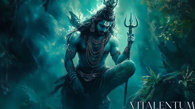 Divine ascetic with trident amid teal mystical forest.
