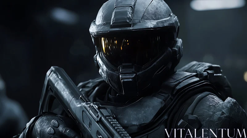 Midnight armored sentinel waits in gleaming tactical silence