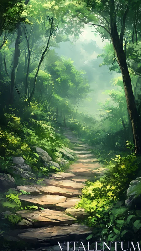 Misty Forest Pathway with Stone Steps Through Dappled Canopy Light