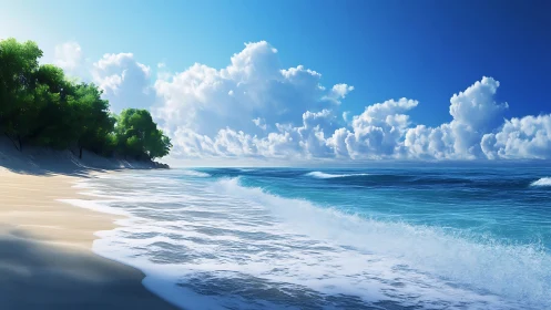 Coastal littoral interface with volumetric clouds and surf dynamics.