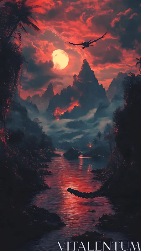 Dragon over volcanic mountains and river under red sky.