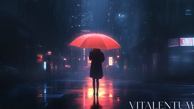 Solitary wanderer beneath a glowing red umbrella in rain.