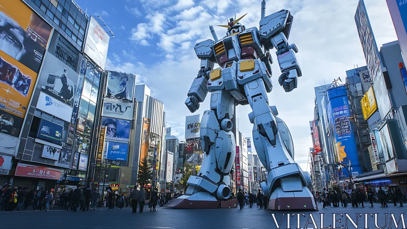 Giant city robot greeting crowds under bright urban skies.