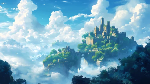 Floating Castle City Among Clouds in Fantasy Realm