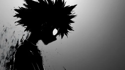 Silhouetted spiky-haired figure in high contrast profile view.