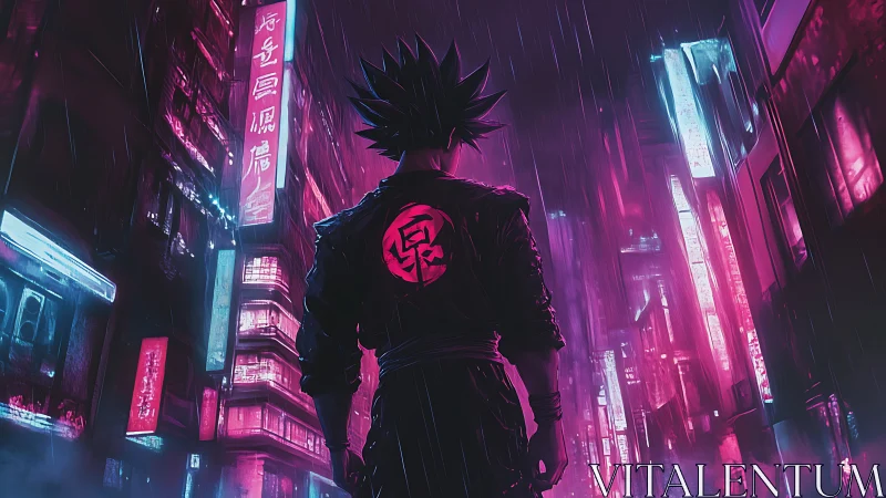 Spiky haired figure stands in neon city street at night